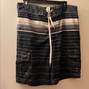 Men's Black and Gray Striped Swim Trunks